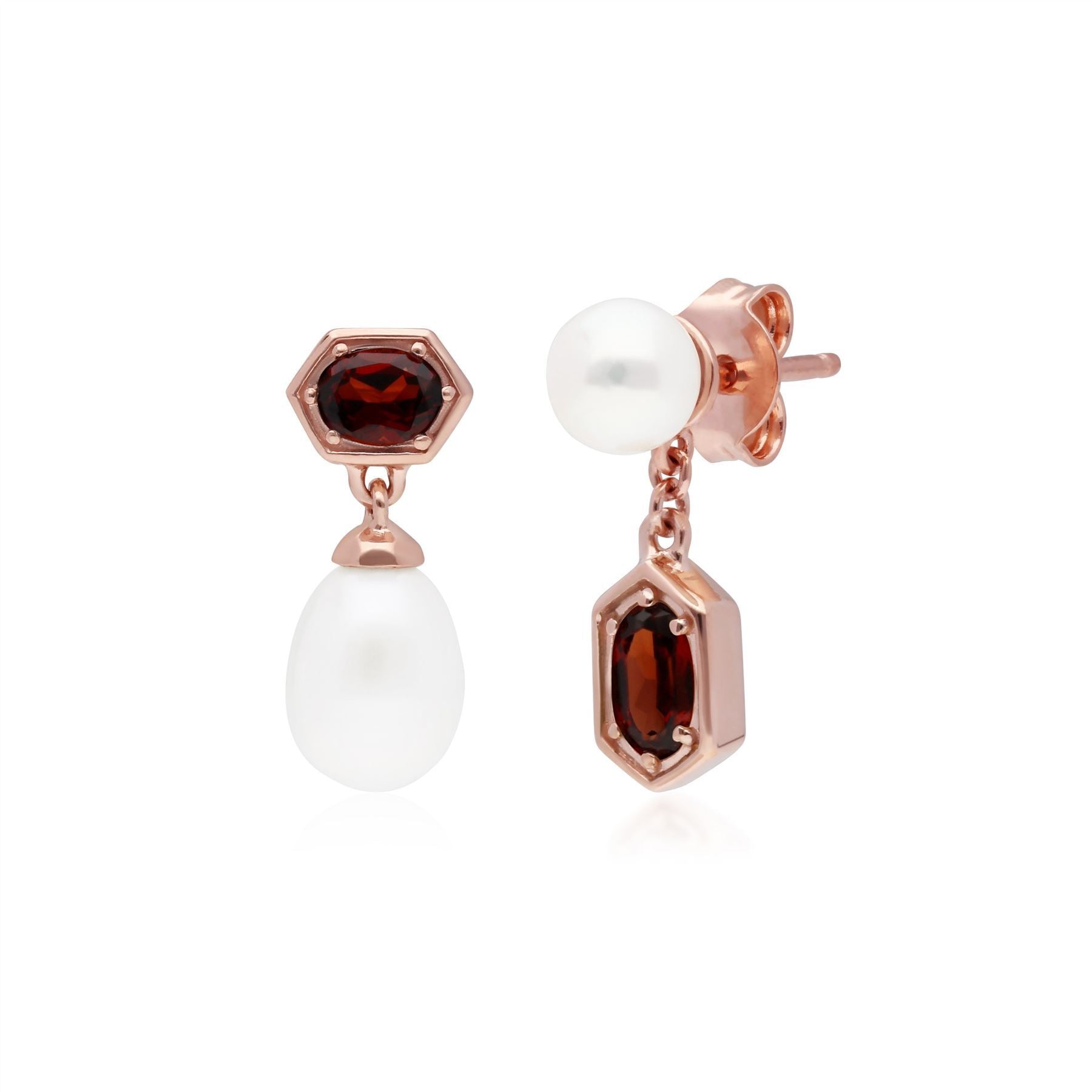 Modern Pearl & Garnet Mismatched Drop Earrings in Rose Gold Plated Sterling Silver