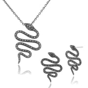 Collana e orecchini con ciondolo serpente in stile Art Nouveau in argento 925 rotondo marcasite
