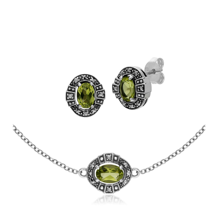 Bracciale e orecchini a lobo ovali con peridoto e marcasite in argento sterling 925 in stile Art Déco