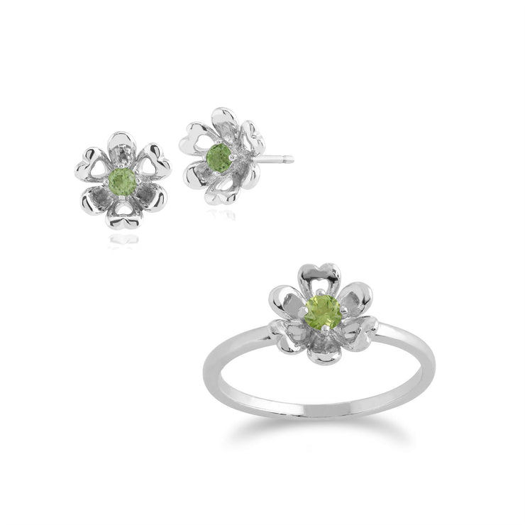 Orecchini ad anello e a bottone con margherita in stile floreale in argento 925 con peridoto rotondo