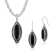 Orecchini pendenti e pendenti in stile Art Déco in argento 925 con cabochon in onice nero e marcasite