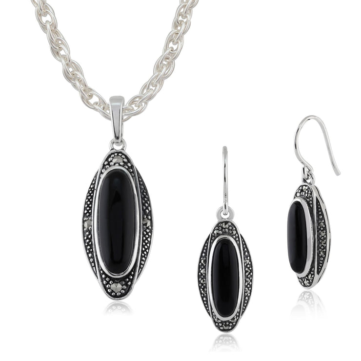 Orecchini pendenti e pendenti in stile Art Déco in argento 925 con cabochon in onice nero e marcasite