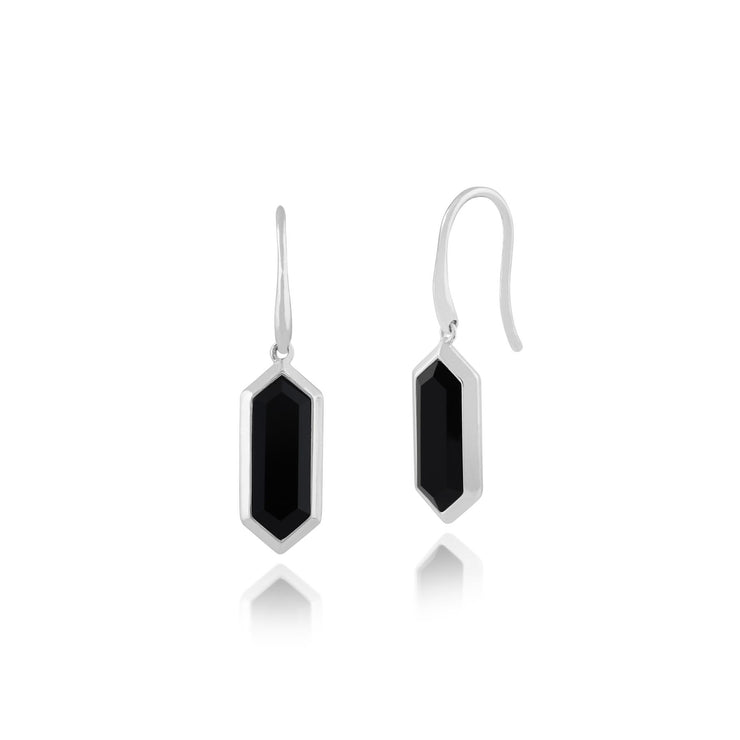 Orecchini pendenti con prisma esagonale geometrico in argento 925 con onice nero