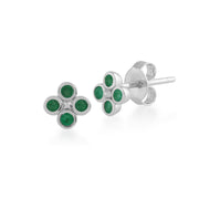 Anello in argento 925 con trifoglio floreale rotondo con smeraldo e orecchini a bottone