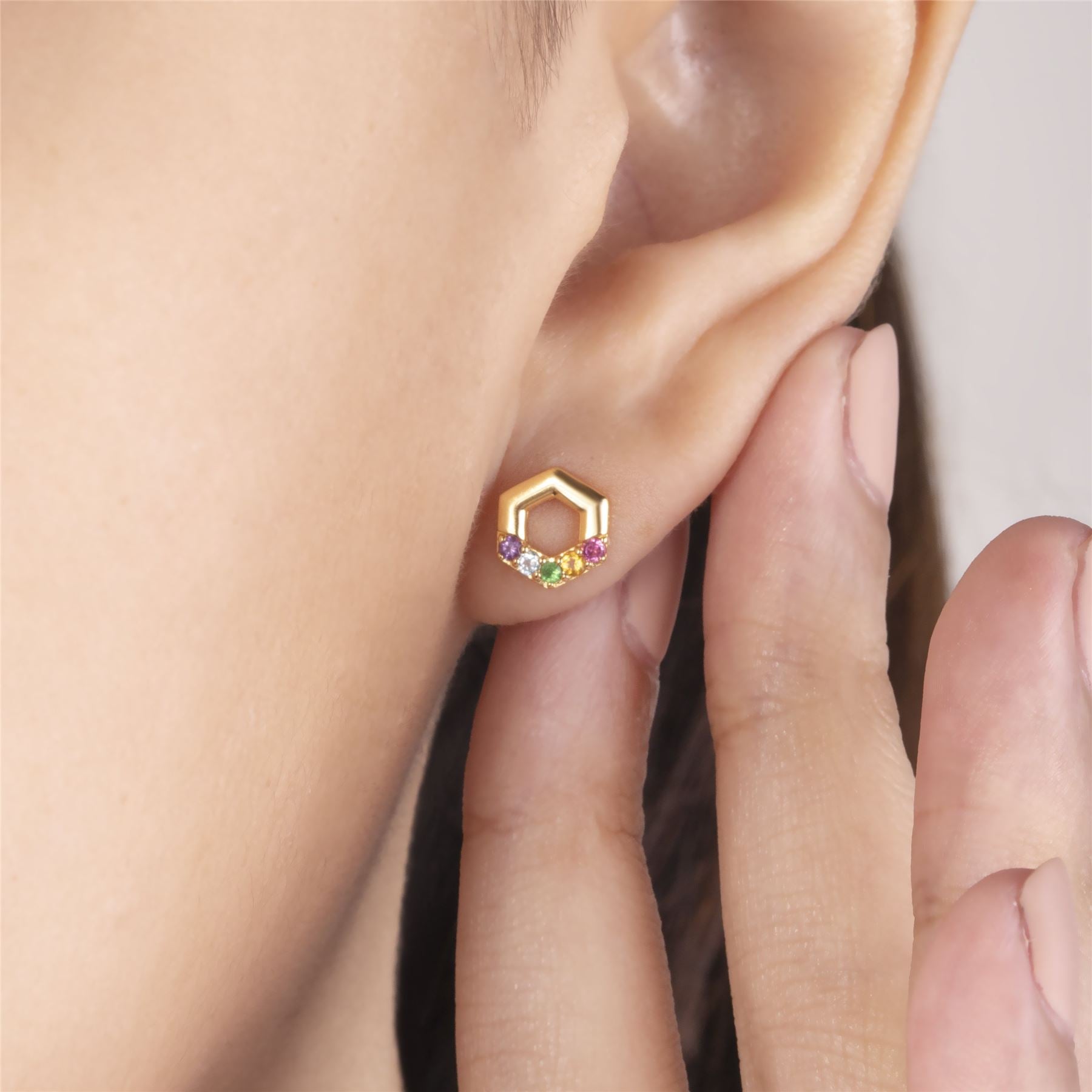 Rainbow Hexagon Stud Earrings in Gold Plated Sterling Silver on model