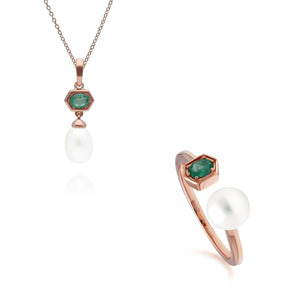 Modern Pearl & Emerald Pendant & Ring Set in Rose Gold Plated Sterling Silver