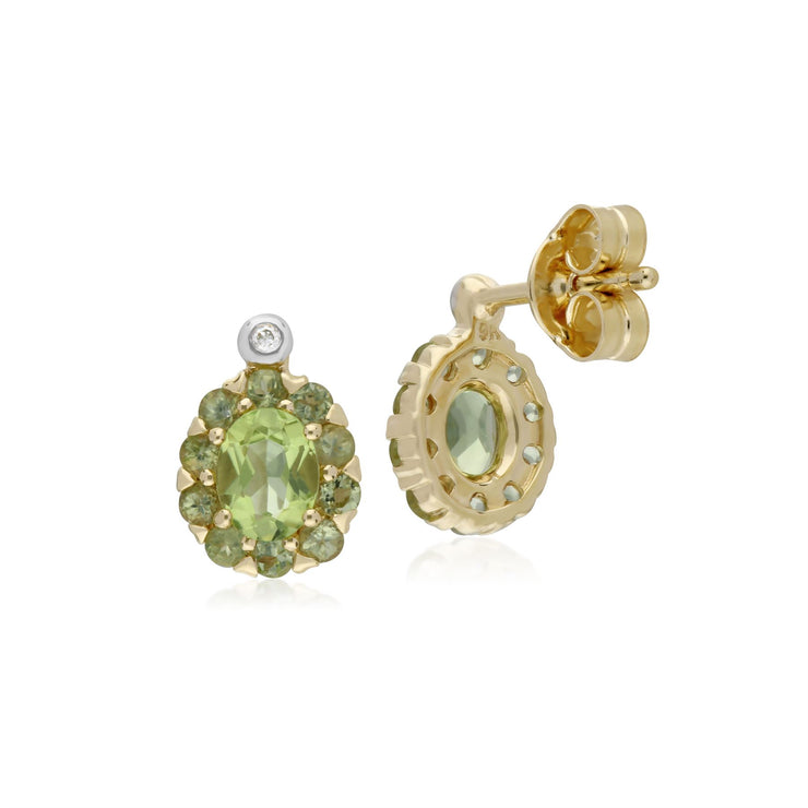 Orecchini a bottone con montatura ovale in oro giallo con peridoto da 9 ct e diamanti