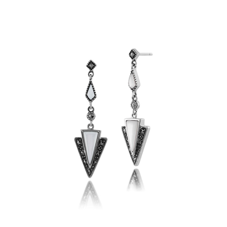Collana a strascico e orecchini pendenti in stile Art Deco Argento 925 Madreperla e marcasite