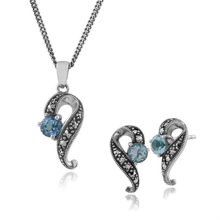 Collana e orecchini a bottone intrecciato in stile Art Nouveau in argento 925 tondo con topazio azzurro e marcasite