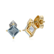 Orecchini a lobo con topazio azzurro in oro giallo da 9ct e diamanti quadrati