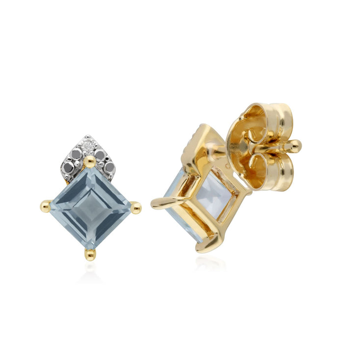 Orecchini a lobo con topazio azzurro in oro giallo da 9ct e diamanti quadrati