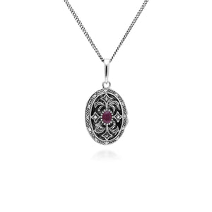 Art Nouveau Style Oval Ruby & Marcasite Locket Necklace in 925 Sterling Silver