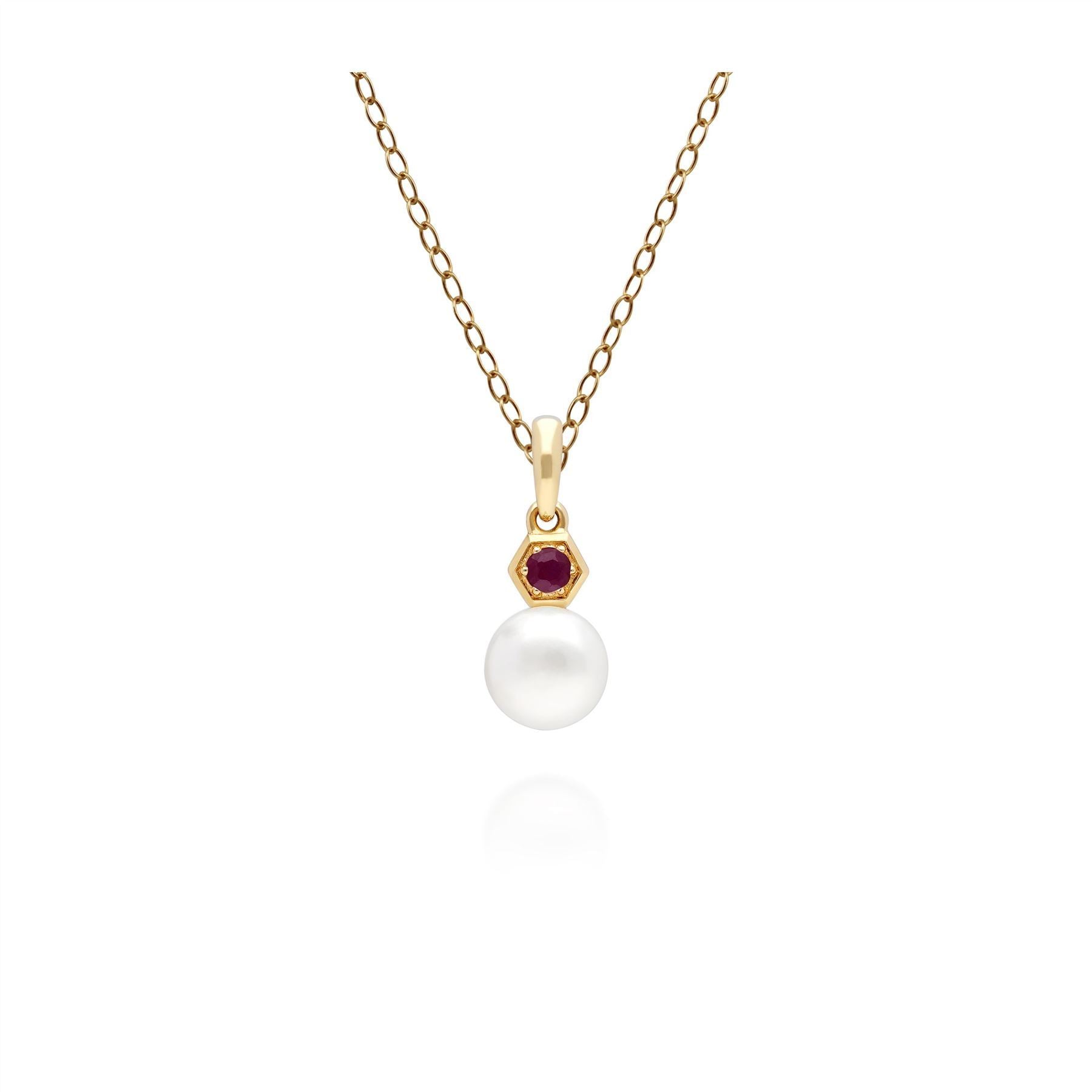 Pendente con catena moderno con perla e rubino in oro giallo da 9 ct