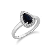 Anello classico in oro bianco 375 con zaffiro a pera e diamante Halo