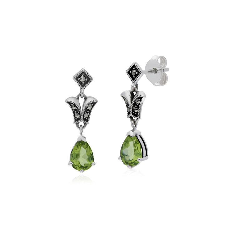 Orecchini con peridoto, orecchini pendenti in argento sterling con peridoto e marcasite in stile Art Nouveau