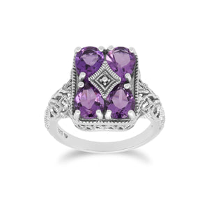 Art Nouveau Inspired Amethyst Statement Ring in 925 Sterling Silver