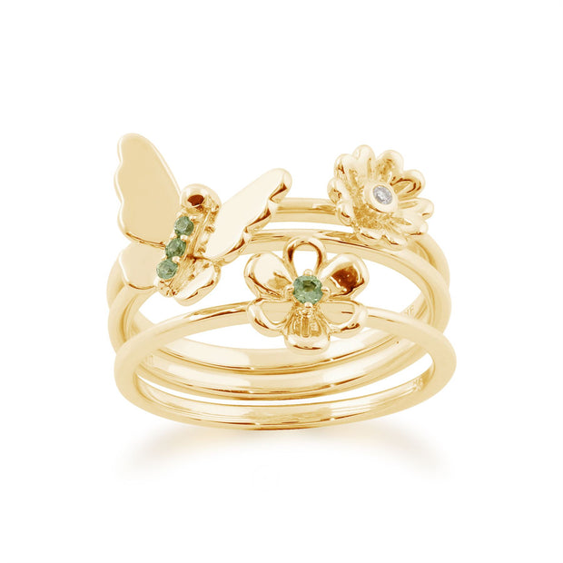 Set di tre anelli floreali impilabili in oro giallo 375 con peridoto e diamanti, farfalla e fiori