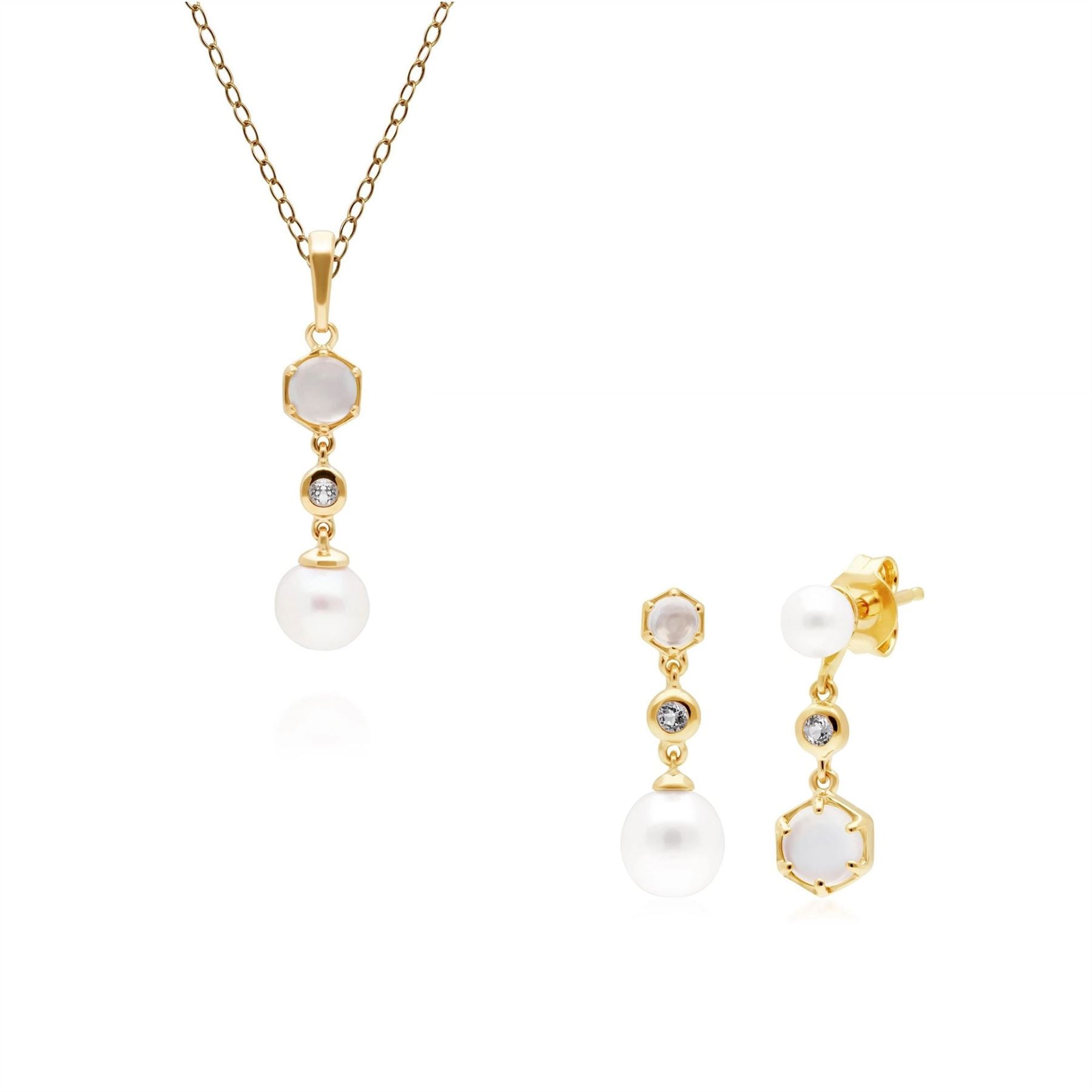 Modern Pearl, Topaz & Moonstone Pendant & Earring Set in Gold Plated Sterling Silver