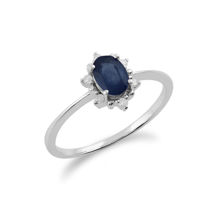 Anello Gemondo con zaffiro, anello a grappolo ovale in oro bianco da 9 ct con zaffiro da 0,57 ct e diamanti