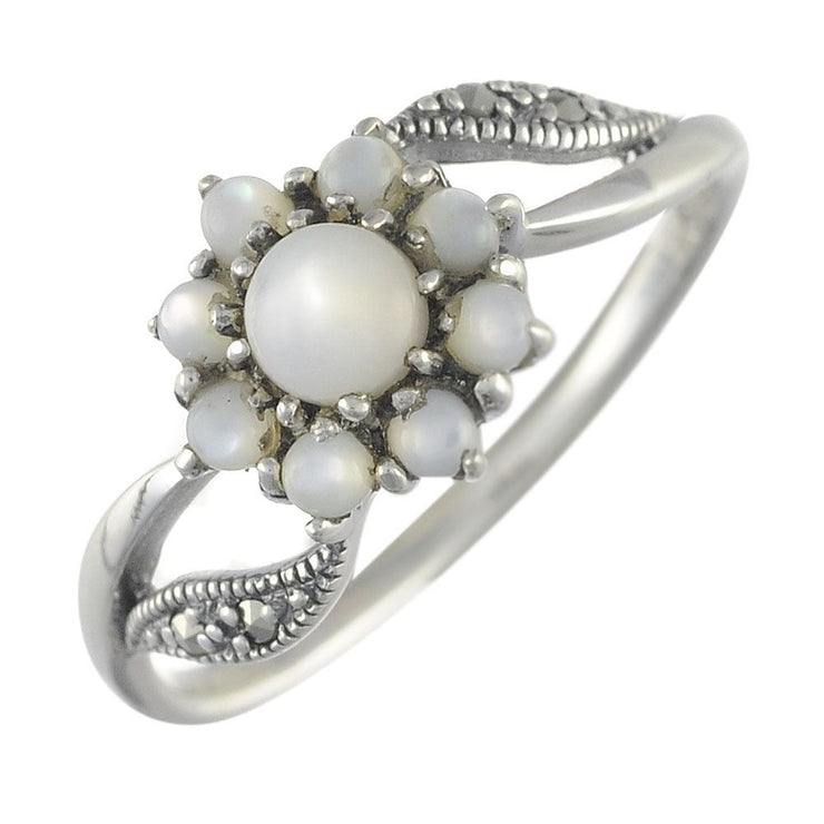 Anello a grappolo classico in argento sterling 925 da 0,54 ct MADREPERLA E MARCASSITE