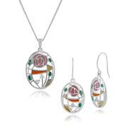 Collana e Orecchini Pendenti Ovali Stile Rennie Mackintosh Argento 925 Topazio e Smalto Stile Rosa Glasgow