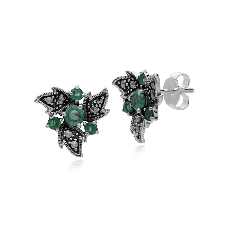 Orecchini di smeraldi, orecchini floreali in argento sterling con smeraldi e marcasite