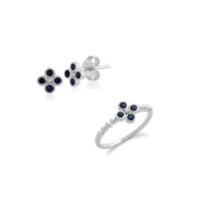 Orecchini a lobo e anello in argento 925 con zaffiro rotondo floreale trifoglio