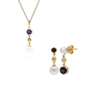 Modern Pearl, Topaz & Amethyst Pendant & Earring Set in Gold Plated Sterling Silver