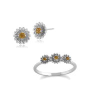 Orecchini ad anello e a bottone con margherita in stile floreale in argento 925 con citrino rotondo