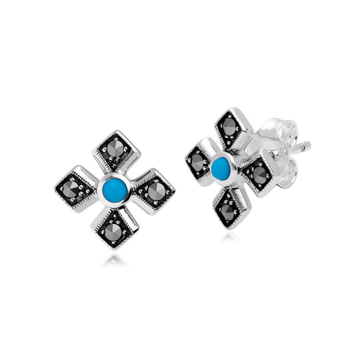 Orecchini a bottone con croce gotica in stile Art Déco in argento 925 con turchese e marcasite