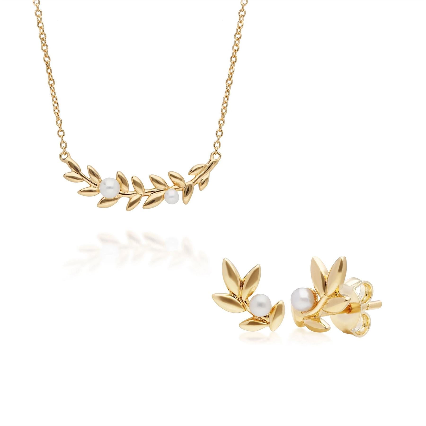 O Leaf Pearl Necklace & Stud Earring Set in Gold Plated 925 Sterling Silver