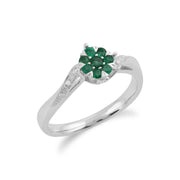 Anello Gemondo con smeraldo, anello a fiore con smeraldo e diamanti in oro bianco da 9 ct da 0,24 ct