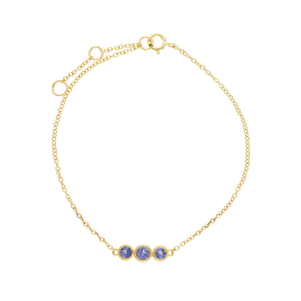 Bracciale con tanzanite, in oro giallo da 9 ct con tripla pietra tonda Milgrain da 19 cm