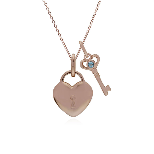 Ciondolo classico con lucchetto a cuore in argento 925 placcato oro rosa e ciondoli chiave con topazio azzurro