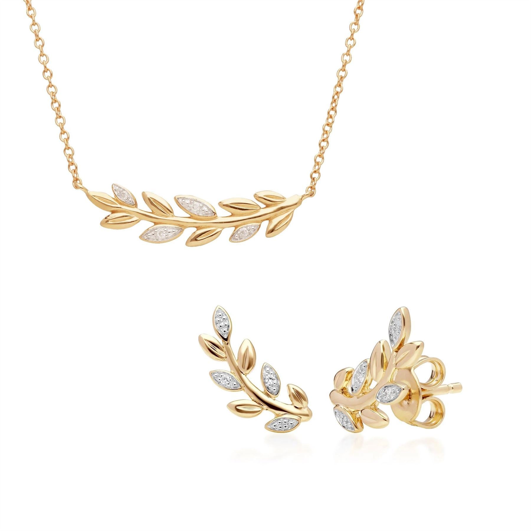 O Leaf Diamond Necklace and Stud Earring Set in 9ct Yellow Gold