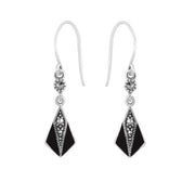 Orecchini Pendenti e Pendenti Ventaglio Stile Art Deco Argento 925 Marcasite Rotondo e Smalto Nero
