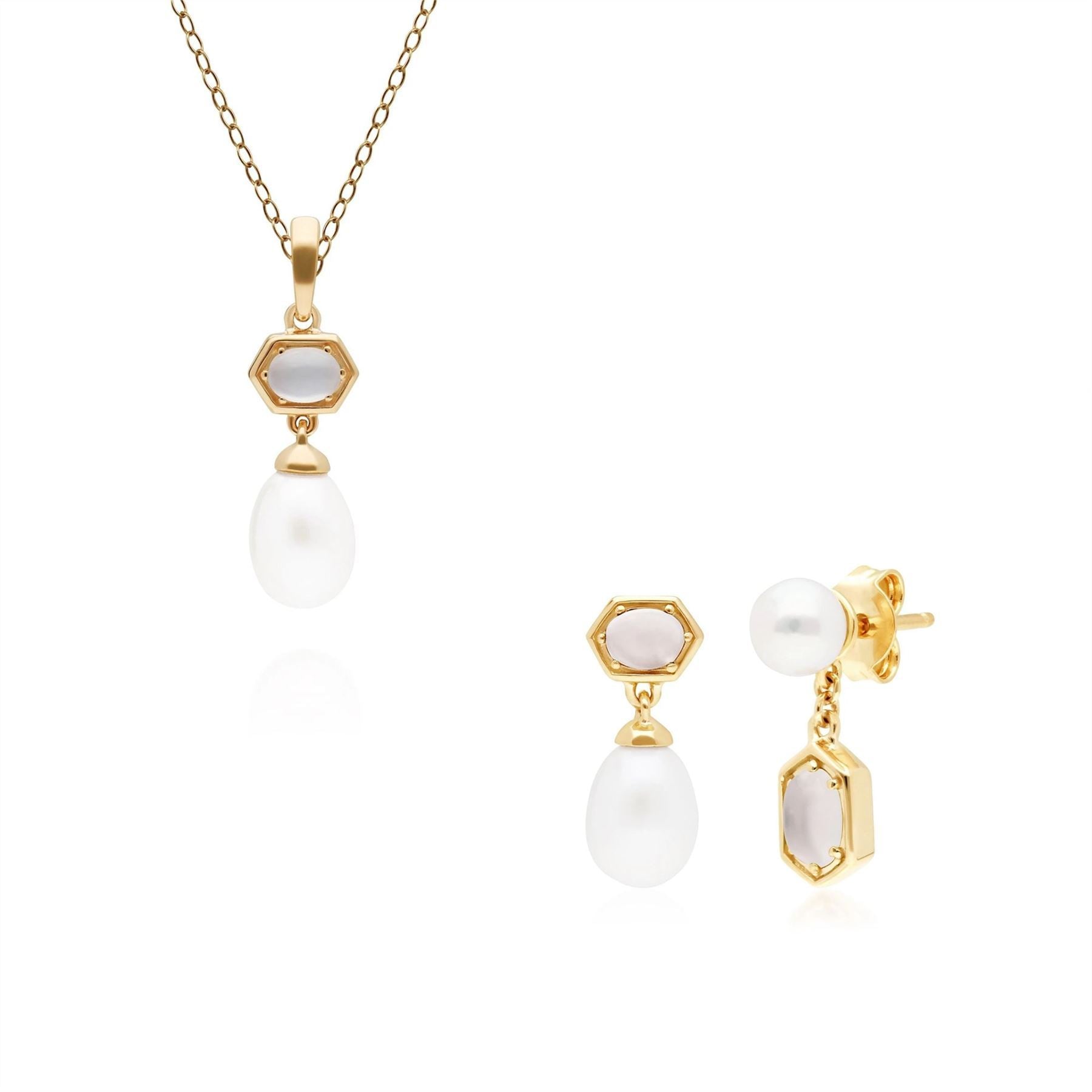 Modern Pearl & Moonstone Pendant & Earring Set in Gold Plated Sterling Silver
