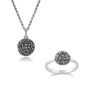 Ciondolo portafoto e anello Rennie Mackintosh Style Argento 925 Glasgow Rose Marcasite Rotondo