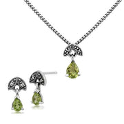 Collana e orecchini a foglia in stile Art Déco Argento 925 Peridoto Pera e Marcasite