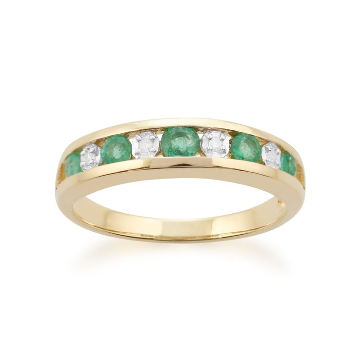 Anello Gemondo con smeraldo, anello Half Eternity in oro giallo da 9 ct con smeraldo da 0,42 ct e diamanti