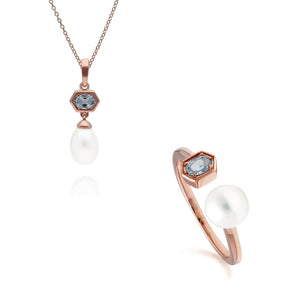 Modern Pearl & Blue Topaz Pendant & Ring Set in Rose Gold Plated Sterling Silver