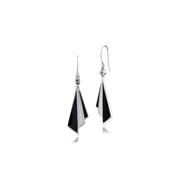 Orecchini Ventaglio Triangolare Pendenti Stile Art Déco Argento 925 Marcasite, Smalto Bianco e Nero