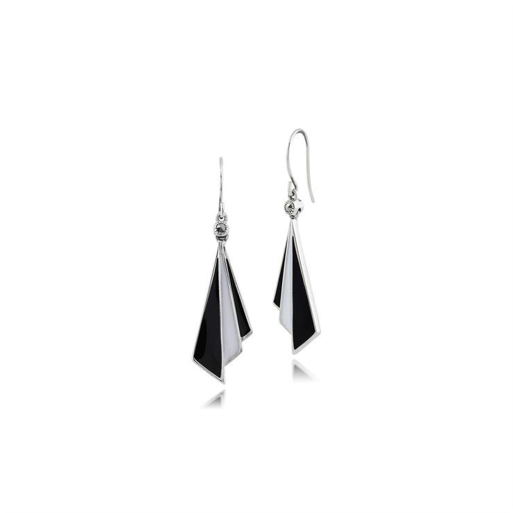 Orecchini Ventaglio Triangolare Pendenti Stile Art Déco Argento 925 Marcasite, Smalto Bianco e Nero