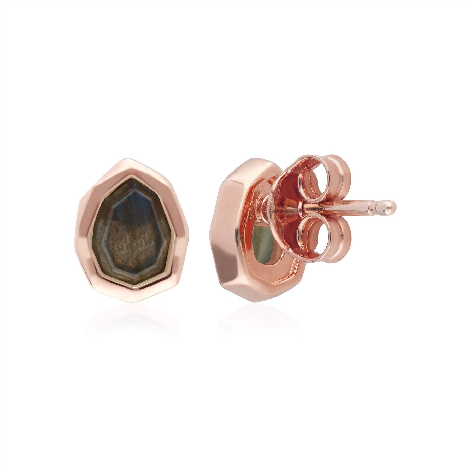 Irregular B Gem Labradorite Stud Earrings in Rose Gold Sterling Silver Back