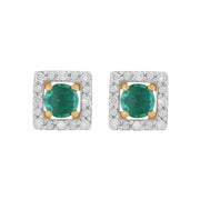 Orecchini classici con smeraldi in oro giallo 375 e rivestimento per l'orecchio con diamanti quadrati