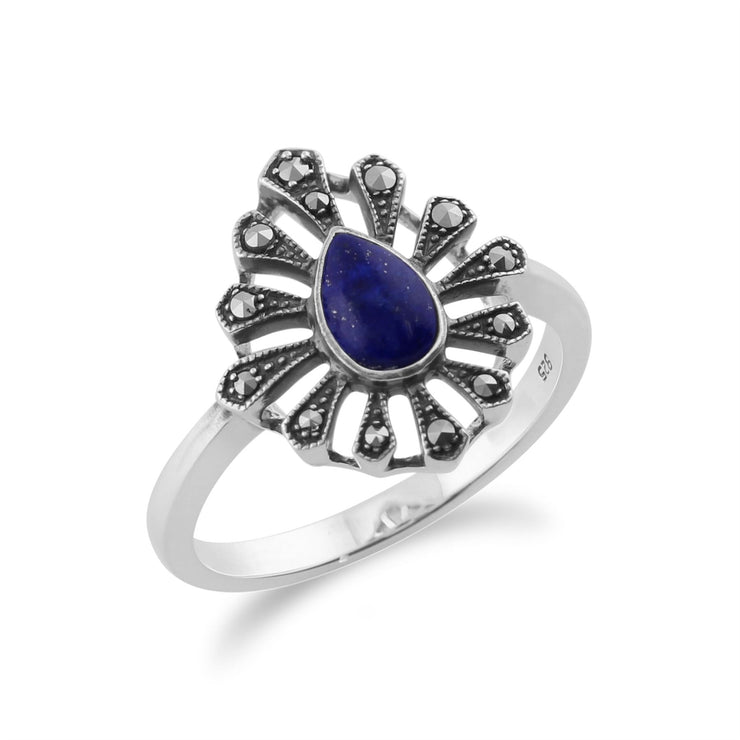 Anello Art Déco Gemondo in argento sterling 925 da 0,30 ct con lapislazzuli e marcasite