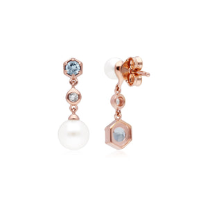 Modern Pearl, Aquamarine & Topaz Mismatched Drop Earrings in Rose Gold Plated Sterling Silver