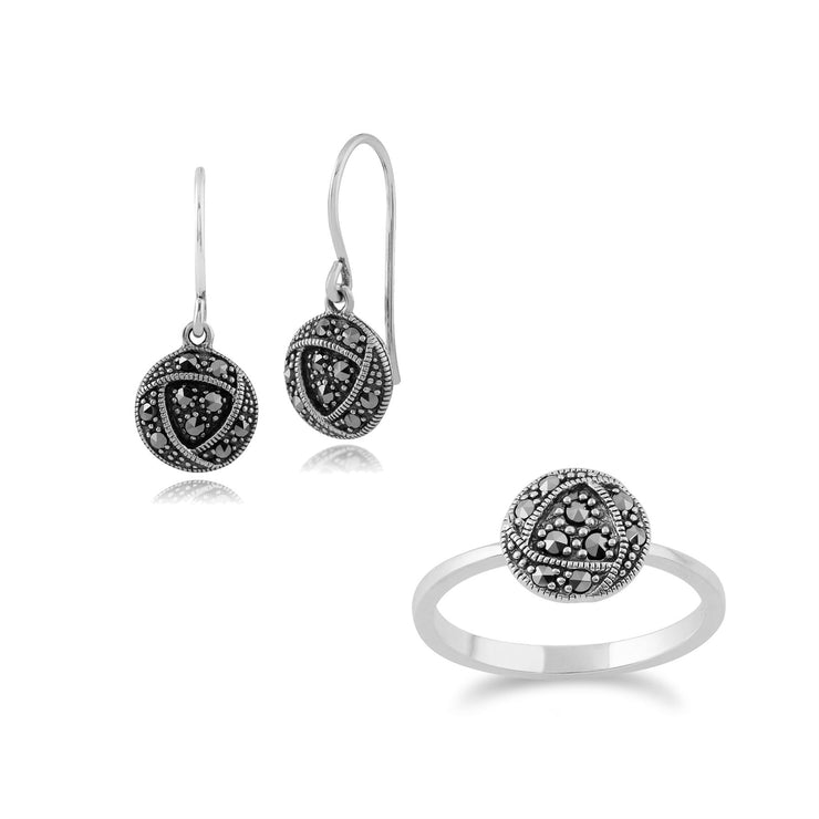 Orecchini pendenti e anello stile Rennie Mackintosh in argento 925 con marcasite rosa Glasgow rotonda