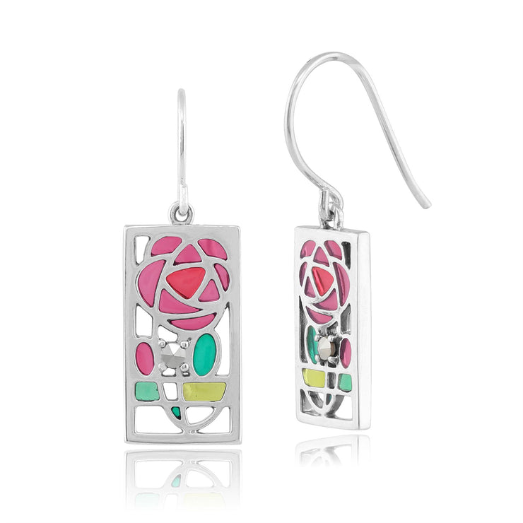 Orecchini pendenti stile Rennie Mackintosh in argento 925 con marcasite e smalto rosa