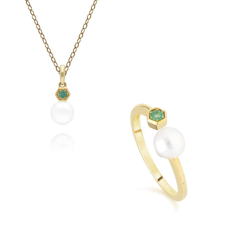 Anello e orecchini con perle moderne in oro giallo 375, smeraldo e perla